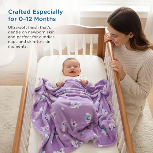 Image of Mee Mee Soft Single Layer Lightweight Flannel Baby Blanket with Cat Printed - Comfort and Warmth for Newborns (75 cm x 100 cm) 0-12 Months (Purple)