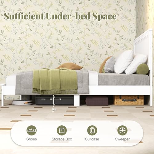 Image of GIANTEX Wood Queen Platform Bed Frame with Headboard, Mid Century Bed Frame with Solid Wood Legs & Wooden Slat Support, No Box Spring Needed, White Bed