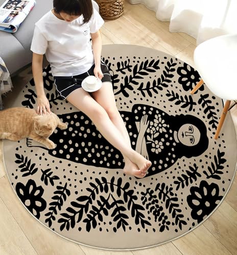 Tapis rond 120cm style art populaire noir avec imprimé de femmes africaines pour salon - 6