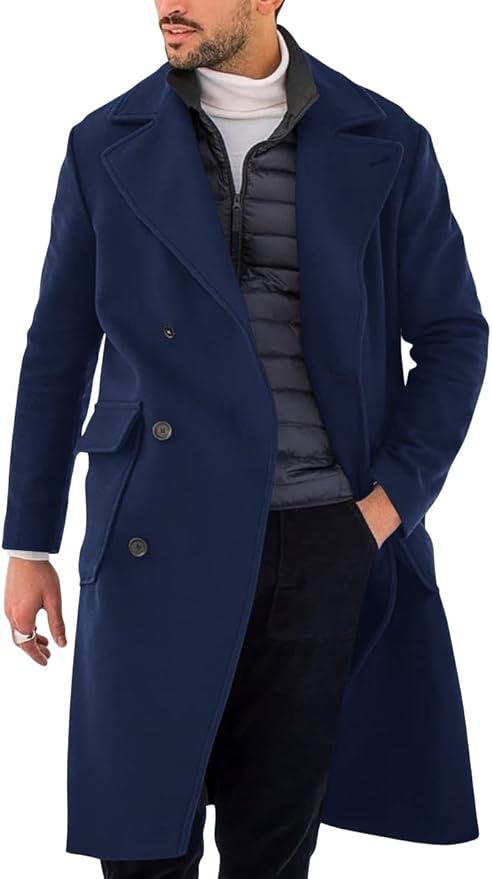 Trench Coat Slim Fit Double Breasted Long Overcoat Classic F Topcoat Navy Blue