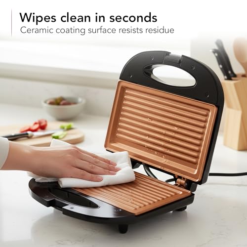 OVENTE Electric Panini Press Grill with Nonstick Plates, LED Indicator Lights, Thermostat Control, Compact Sandwich Maker Perfect for Cooking Breakfast, Steaks, Eggs Snacks & More, Copper GP0110CO
