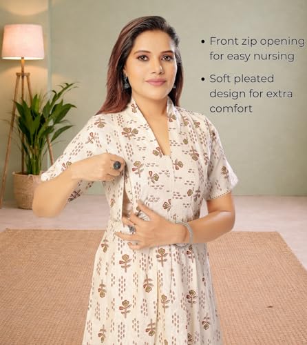 Image of Momenta Women's Pure Cotton Maternity Kurta Set | Feeding Kurti with Concealed Zippers | Maternity Dress for Pre & Post Pregnancy