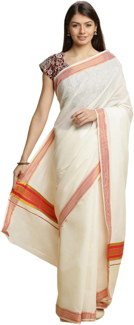 manvish drapes Sarees for Women - Kasavu Pure Cotton Saree with Tassels - Perfect for Traditional & Formal Occasions