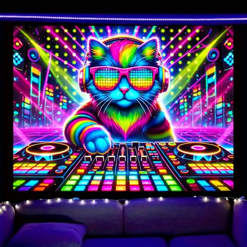Image of Nuxovilar DJ Cat UV Reactive Tapestry, 78.74 inchx59.05 inch Polyester