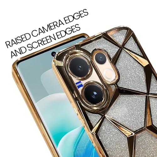 Image of VONZEE Gradient Glitter Case for VIVO V60, Luxury Electroplated 3D Cube, Diamond Bling Shiny Soft TPU Clear Shockproof Women Girls Protective Phone Cover (Gold)