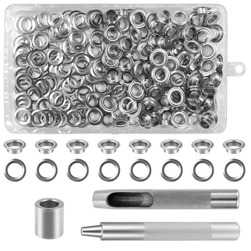 dabinzhijia 120 Pezzi Occhiello Strumento Kit, Occhielli Grommet Rondelle, Interno 8/10/12mm, Metallici Occhielli con 3 Attrezzi e Scatola di Stoccaggio, per Teloni, Tessuto, Tende (8mm)