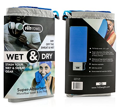 TiiL Microfiber Workout Full Size Gym Towel (51 x 24) Quick-Dry, Store Sweat + Wet Gear in Detachable Bag + Key Pocket | Fitness, Hiking, Camping, Swimming, Yoga, Exercise Sports Towel (SilverBlue)