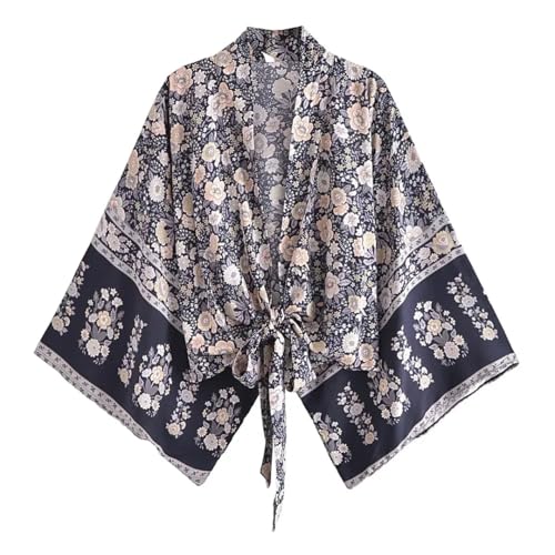 Kimono court imprimé floral femme col en V et manches chauve-souris