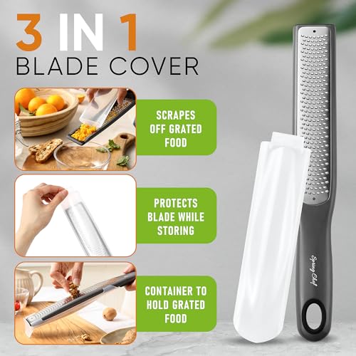 Spring Chef Premium Gray Lemon Zester Grater with Handle - Lime, Garlic, Ginger, Orange, Nutmeg, Fruit Grater - Heavy Duty Kitchen Tool - Stainless Steel Citrus Zester with Blade Cover - Fine Shred - Thumbnail 4