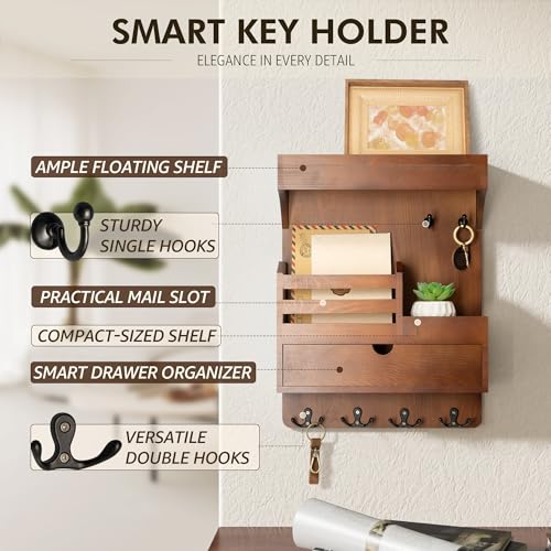 Rebee-Vision-Key-Holder-Wall-Mount-with-Drawer-Organizer-for-EntrywayBrown-Pine-Wood-6-Key-Hooks-Display-Shelf-for-Plants-Mail-Slot-for-Storage-Letter-Multi-Funtional-Design-Home-Storage