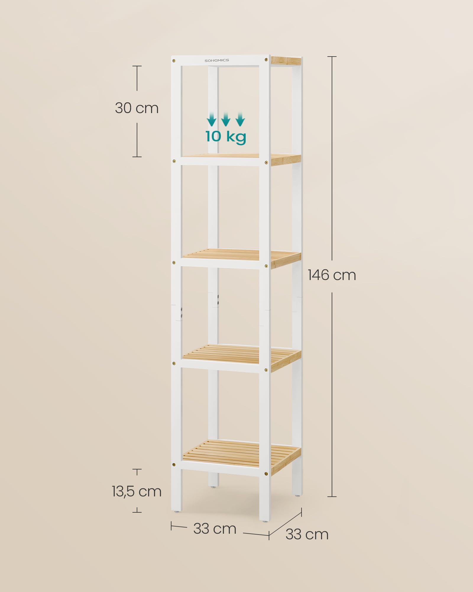 SONGMICS Scaffale da Bagno in Bambù a 5 Ripiani, Scaffale Stretto Multifunzione, Scaffale ad Angolo, per Cucina, Soggiorno, Camera da Letto, Corridoio, Bambù Chiaro e Bianco Nuvola BCB055N01