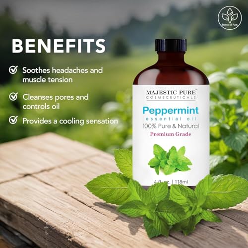 Image of Majestic Pure Peppermint Essential Oil for Diffuser - 4 Fl Oz | 100% Pure and Natural Peppermint Oil for Aromatherapy, Massage, Steam inhalation, Air Freshner, DIY, Soap and Candle Making