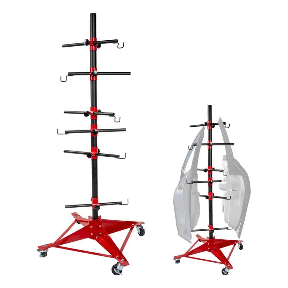 Panel Tree Paint Stand Panel Holder with Wheels, Adjustabl Center Post Hang Heavy Duty Powder Coated Painting Support Rack for Automotive Doors Fenders Bumpers, Red