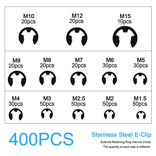 HSEAMALL 400 STÜCKE Sicherungsring Externe Sicherungsring E-Clip 1,5mm-15mm 13 Größe Snap Öffnungsring Sicherungsring