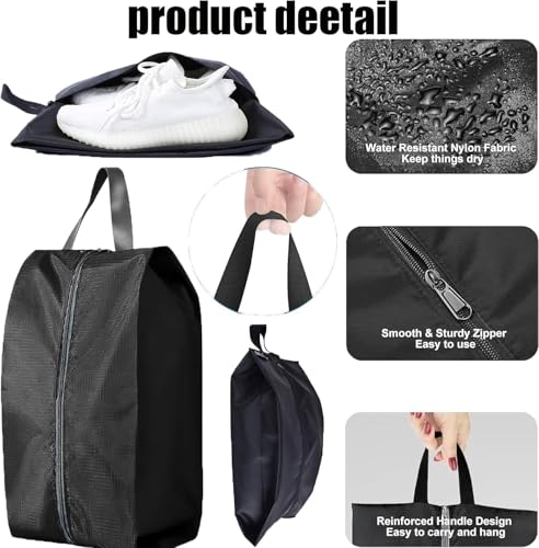 5Pcs XL Travel Shoe Bags Portable Travel Gifts Shoe Organizer with Zipper Closure, Waterproof Nylon Shoe Storage Organizer with Handle Travel Bags For Men and Women, Black3