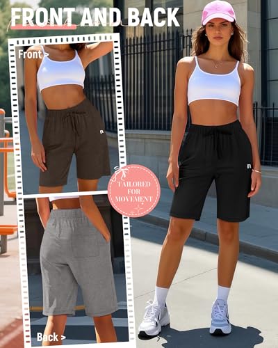 Neer 3 Pack Women's Quick Dry Shorts Women Drawstring High Waisted Bermuda Athletic Shorts with Pockets(Black, Cement Color, Chestnut Color,Small) - Thumbnail 2