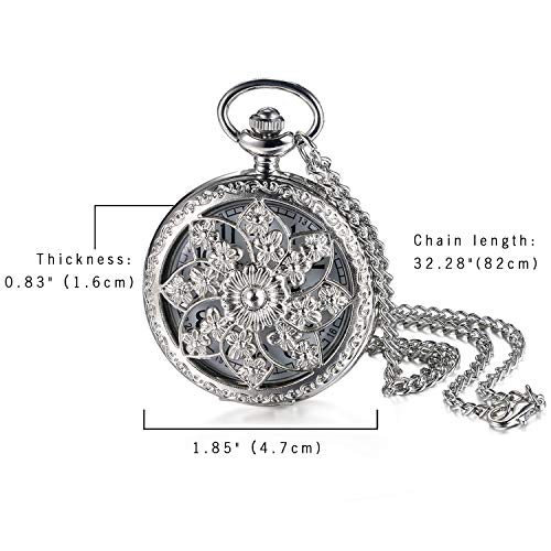 Image of JewelryWe Bronze Flower Pocket Watch: Retro Vintage Pendant Watch with Openwork Cover and 32.3 Inch Chain - for Men Women Daily Wear and Gift Giving