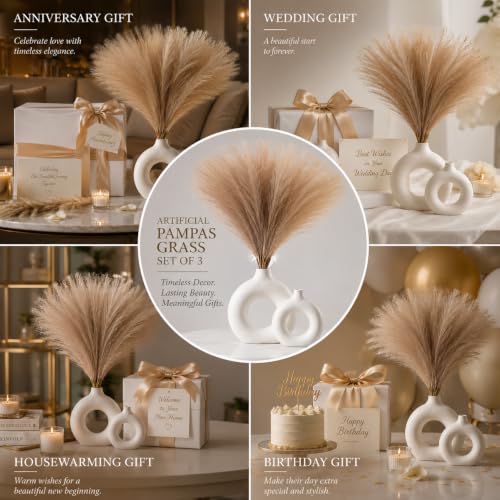 Image of Artificial Pampas Grass Set of 3 for Home Decor, Faux Fluffy Dried Flower Stems for Vase Decoration, Boho Table Centerpiece, Artificial Flowers for Living Room Bedroom Office Decor. (Brown)