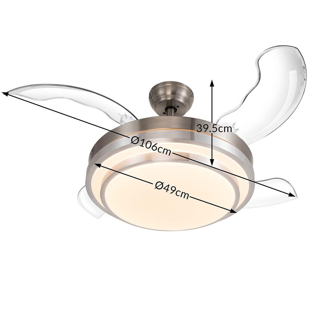 BAKAJI Ventilatore Lampadario da Soffitto 4 Pale richiudibili a scomparsa in ABS, Diametro 106 cm, Lampada LED Plafoniera Acciaio 36W, 3 Velocità Selezionabili, con Timer,Cambio Colore e Telecomando