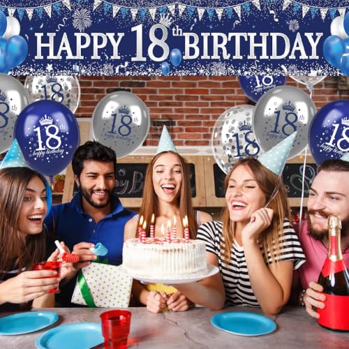 18th Birthday Decorations for Boys Girls, Blue Silver 18th Birthday Yard Banner and 18th Happy Birthday Balloons for 18th Birthday Party Decorations Cheers to 18 Years Birthday Decor Indoor Outdoor - Thumbnail 4