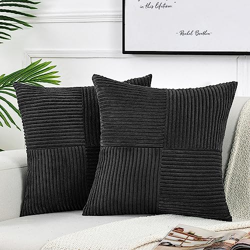 Image of Fancy Homi 2 Packs Black Samll Decorative Throw Pillow Covers 12x12 Inch with for Couch Bed Sofa, Rustic Farmhouse Boho Home Decor, Soft Corss Patchwork Corduroy Square Cushion Case 30x30 cm