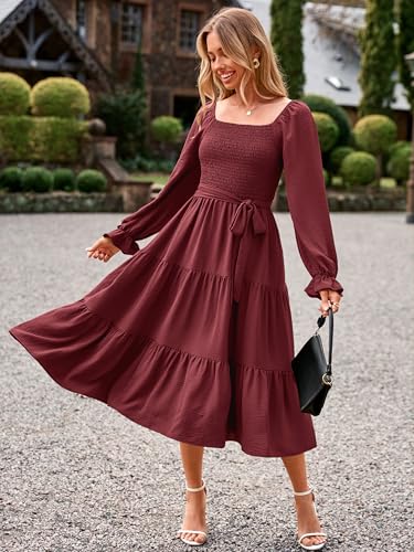 Image of Simplee Womens Long Sleeve Maxi Dress Casual Square Neck Smocked Flowy Fall Wedding Guest Dresses
