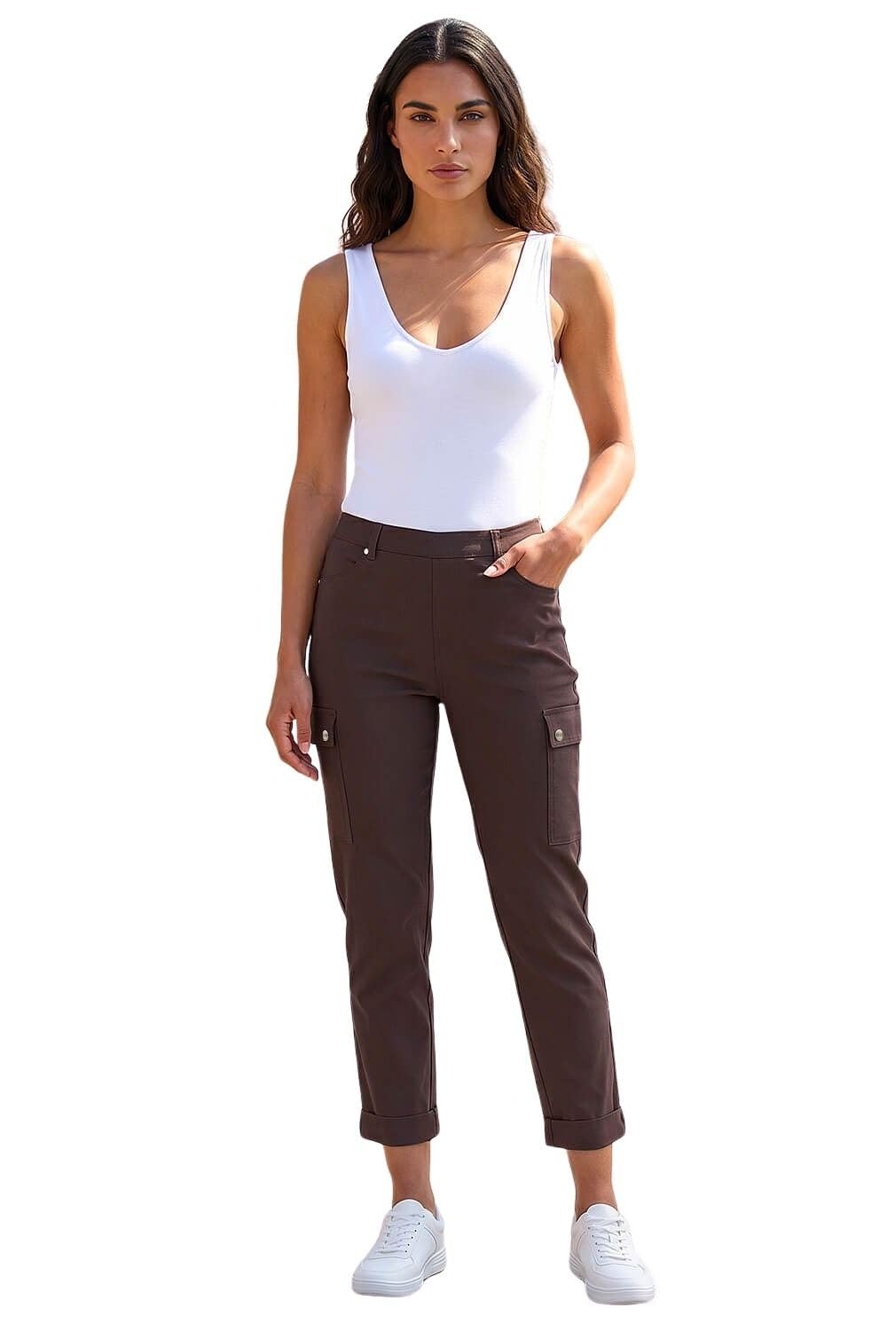 Roman Turn Up Stretch Cargo Trousers - Chocolate