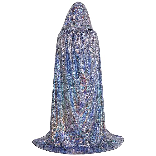 Rbenxia Silver Shiny Hooded Cape Unisex Full Length Cloak Party Robe Cape Mardi Gras Halloween Christmas Costume for Men and Women (Small)