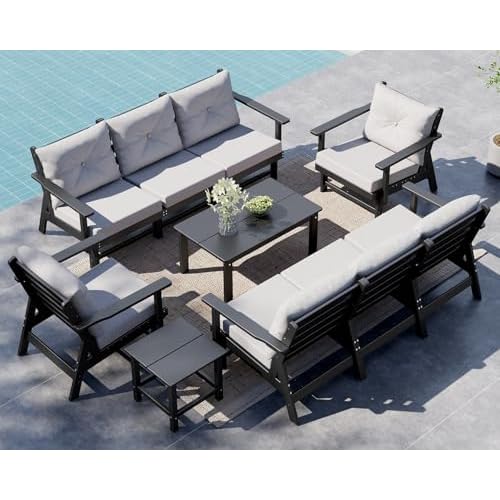 GREENVINES 10-Piece-Patio-Furniture-Set | HDPE Plastic | Outdoor Sectional Conversation Sets | All-Weather Couch | Sofa with Coffee Table & Side Table