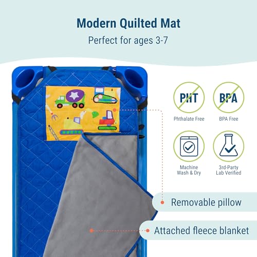 Wildkin Modern Kids Nap Mat – Soft Cotton Blend with Pillow & Elastic Straps for School & Travel - Under Construction