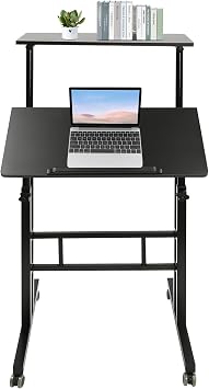 Adjustable Mobile Stand-Up Desk with Dual Desktops, Ergonomic Tilt, and Rolling Wheels,Height Adjustable Computer Workstation, Black