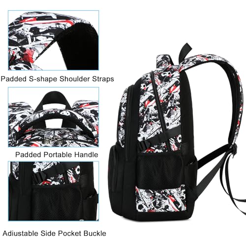 Bluboon Kids Backpack Boys Camo Bookbag Teens Elementary School Bag Daypack Travel Back Pack Middle school (Black White and Red Graffiti)4