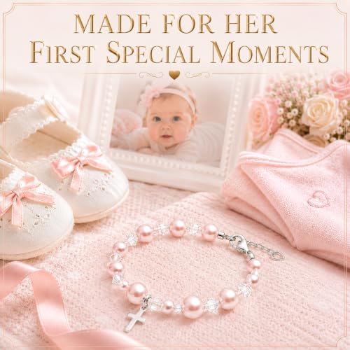 Image of Pink Pearl Bracelet, Sterling Silver Cross Charm Baptism Gifts for Girl