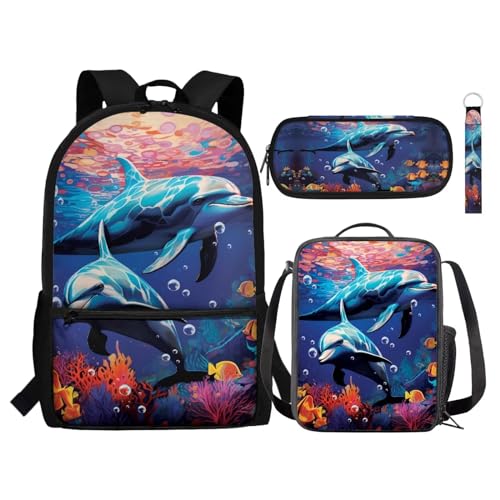 Zaino per bambini set da 4 pezzi include borsa per libri scolastici per il pranzo portapenne portachiavi per la scuola Corallo Pesce Delfino Taglia unica Zaini Daypack