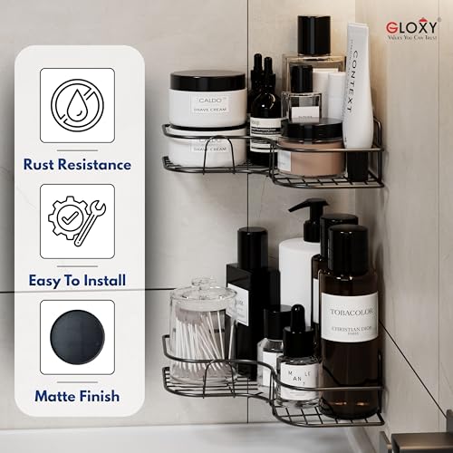 Image of GLOXY Premium Combo Pack of 3 Black Metal Bathroom Corner Rack Shelves - Rust Resistant Self Adhesive Mount Bathroom Accessories Storage Rack - Multipurpose No Drill Shower Caddy Organizer