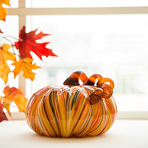 Glitzhome 6.5 Inch Hand Blown Rainbow Striped Glass Pumpkin Table Accent #TOP4