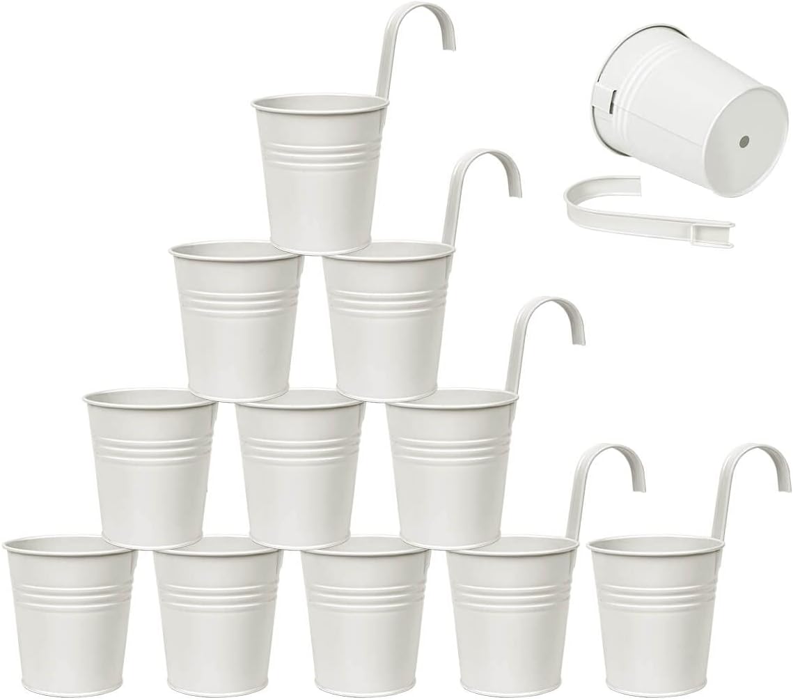 12 Pack Railing Planter for Outdoor Plants - 4 Inch Small Balcony Hanging Flower Pots with Detachable Hooks and Drain Holes Metal Oval Bucket Rail Box Fence Planters for Home Garden Decor, Cream White