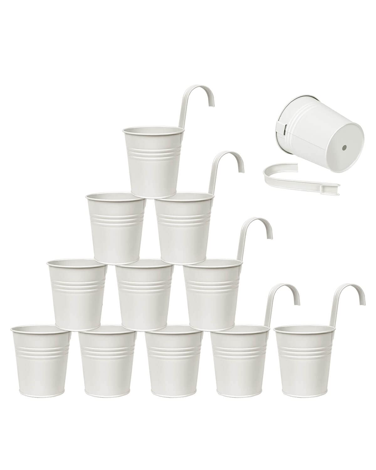 12 Pack Railing Planter for Outdoor Plants - 4 Inch Small Balcony Hanging Flower Pots with Detachable Hooks and Drain Holes Metal Oval Bucket Rail Box Fence Planters for Home Garden Decor, Cream White