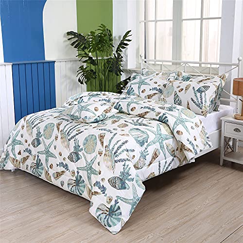 Fadfay Beach Comforter Set King Ocean Coastal Summer Quilt 100% Cotton Fabric Bed Sheet Set Bedding Lightweight Reversible All Season Down Alternative Duvet Insert 7Pcs, King #TOP4