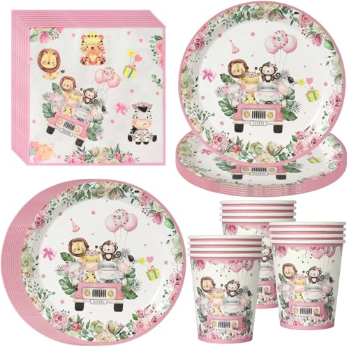 PYAILI Conjunto de 52 peças tema safari pratos com animais, copos e guardanapos para festas na selva, para 16 convidados