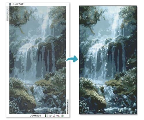 Punto de cruz diamante 5D Jumpdot de cascada en el bosque para cuadros de salón de 70x40 cm 4