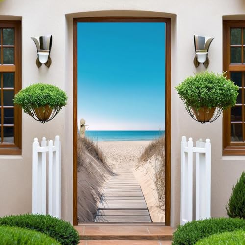 Bleu Autocollant Porte 77x200 cm Sentier de la plage de bois 3D Art Stickers de Porte PVC Imperméable Trompe L'Œil Papier Peint Murale pour Salon Cuisine...