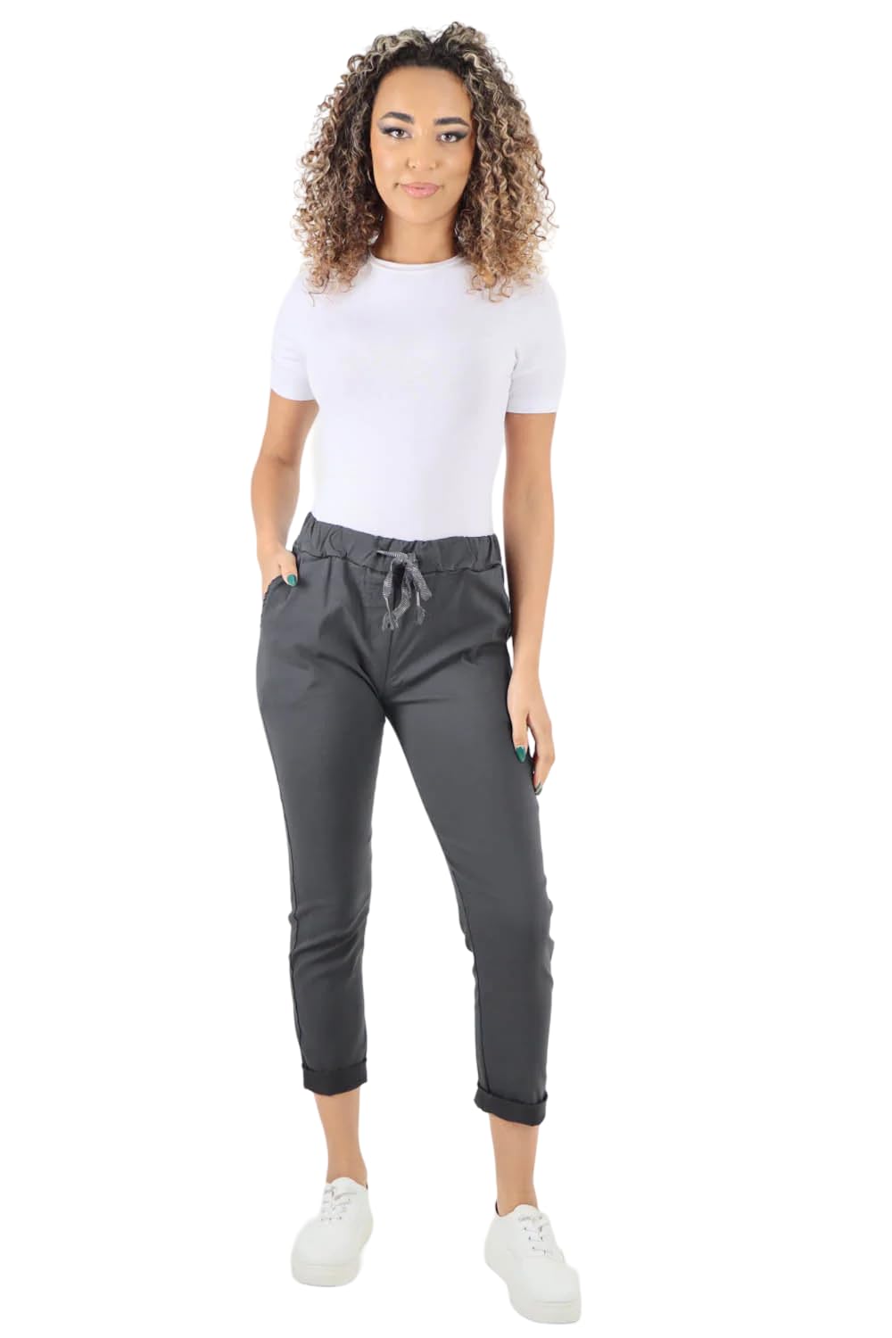 Turnhint Women's Charcoal Turnhint® Plain Magic Trousers, Italian Lagenlook Crushed Casual Stretchy Joggers Yoga Pants With Back Pocket (, 18-22)
