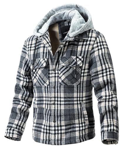 Image of LOUECHY Men's Fleece Lined Flannel Shirt Jacket Plaid Button Down Shirts Jacket with Removable Hood