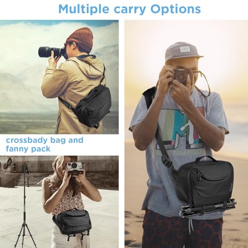 Waterproof Crossbody Camera Sling Bag with Tripod Holder for DSLR/SLR/Mirrorless Cameras - Black