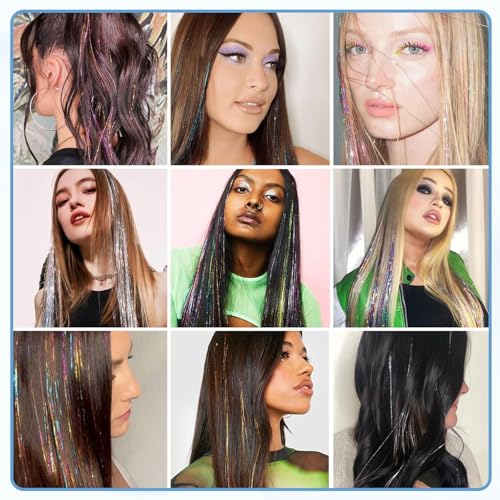 14 Stück Glitzer Haarsträhnen, Clip in Hair Tinsel für Damen, Glitzer Strähnen Haare, Sieben Farben Kreiere Verschiedene Frisuren, Geeignet für Cosplay und Partys
