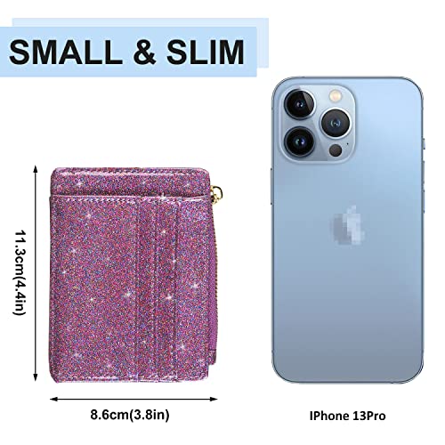 Image of woogwin Slim RFID Credit Card Holder for Women Mini Front Pocket Wallet Purse With Keychain, Glitter Purple, small, Compact