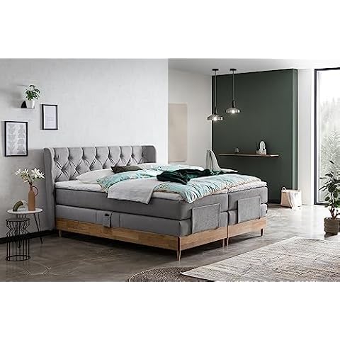 Belanoti EON Boxspringbett 180x200 elektrisch verstellbar 7-Zonen Taschenfederkern Matratze inkl Visco Topper Bett 180x200 mit Motor in der Farbe Hellgrau H2/H3 Polsterbett Motorbett mit Massivholz Cover