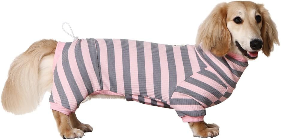 Dachshund Dog Shirt, Thin Striped Base Layer Onesie for Wiener Dogs, Lightweight All-Season Wear, Soft & Comfy Fit for Doxie and Short-Leg Breeds (Pink&Grey, Size 2 (11-16 lbs))