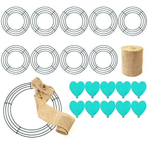 10 Pack Wire Wreath Frame 8 Inch Metal Wreath Form Wreath Ring for Crafts Bonus 10 Adhesive Hooks and 3.3 Yard Burlap, Front Door Christmas New Year Valentines Wedding Decoration